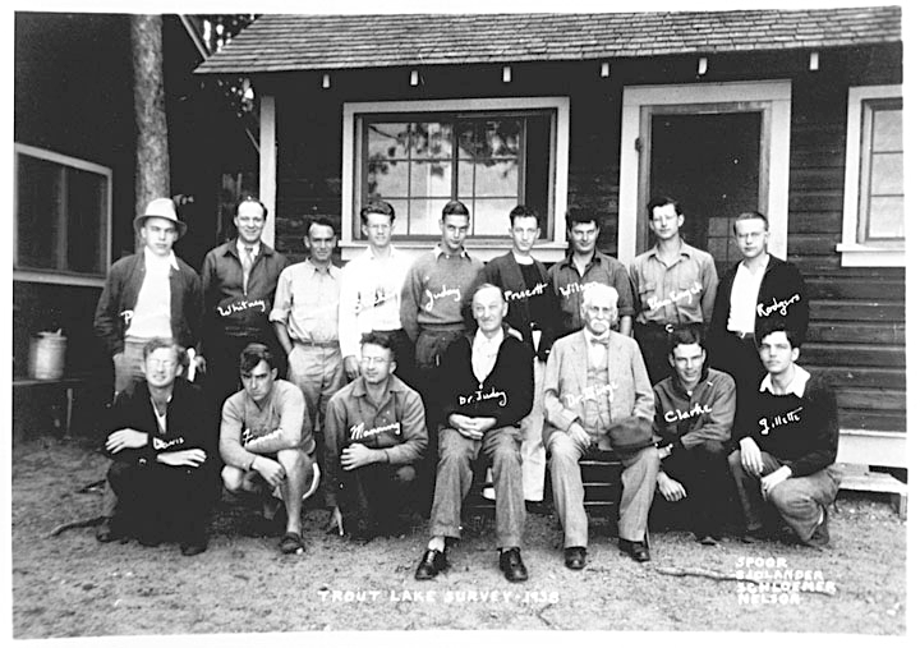 Trout Lake Survey men in front of TLS cabin - 1938 including Dr Birge and Dr Juday