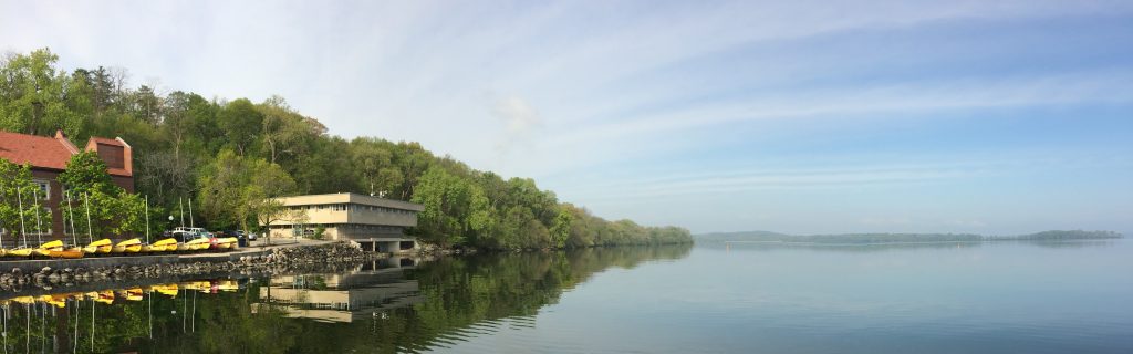 Photo of Hasler Lab taken from lake view with picnic point in background
