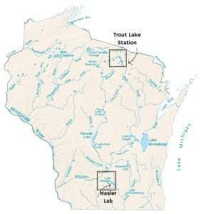 A map of Wisconsin’s waterways with squares around Madison and Vilas County.